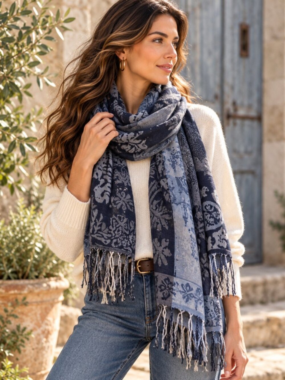 West Loop Scarf Blue Gray Reversible Paisley Pashmina Style Shawl Fringe New